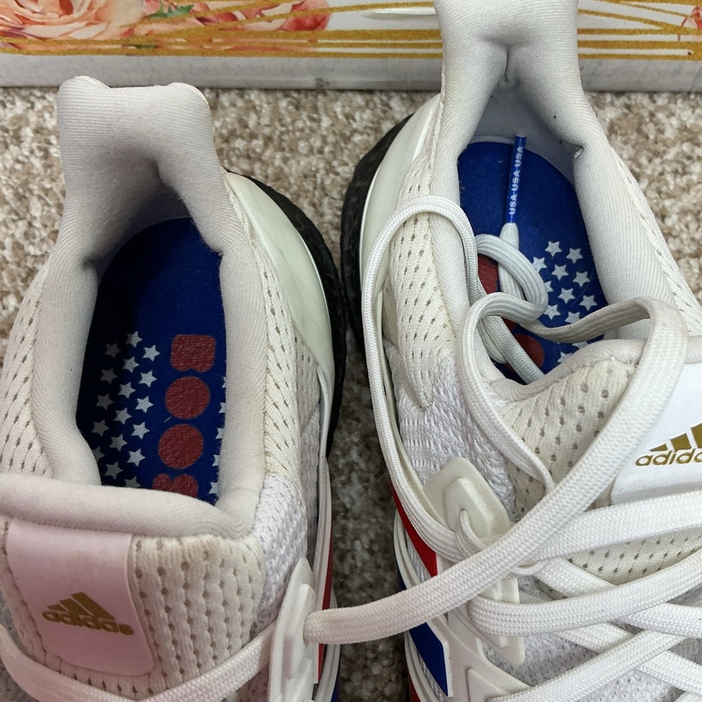 adidas White Sneakers with Red & Blue Stripe Accents - Picture 8 of 12